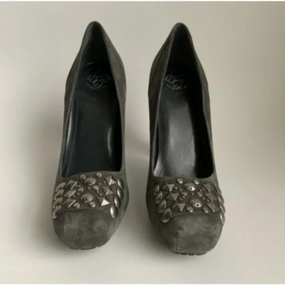 BCBG Galena Suede Square-toe Embellished Heels Gray 7.5